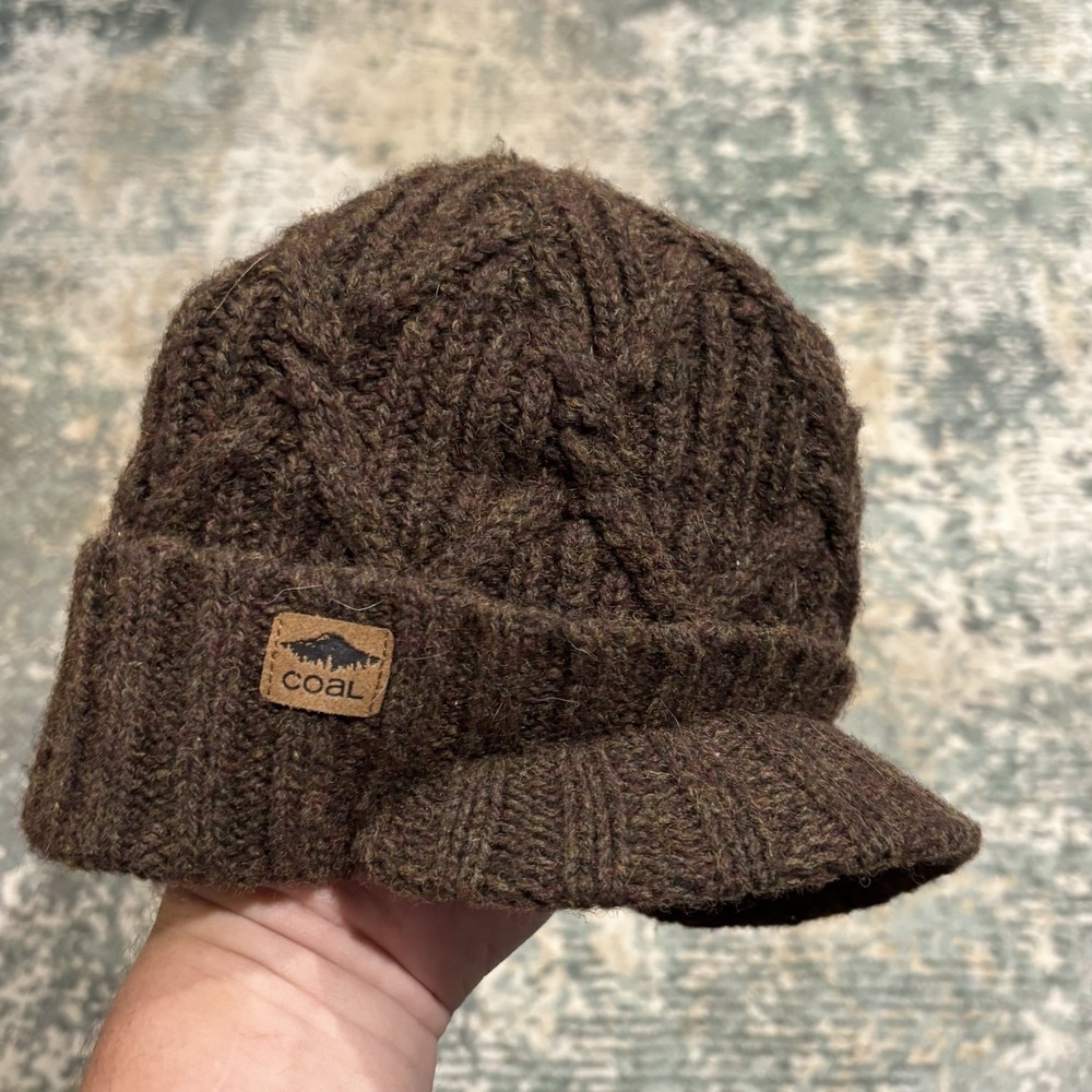 Coal The Yukon Cable Knit Wool Brim Visor Beanie with Fleece Band Brown EUC